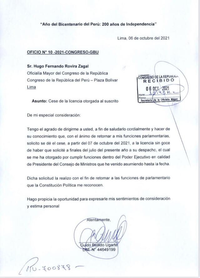 Solicitud de Guido Bellido. Foto: captura de Twitter