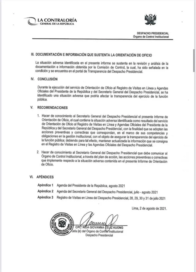 Informe de la Contraloría General de la República que advierte falta de transparencia en actividades del presidente. Foto: Captura.