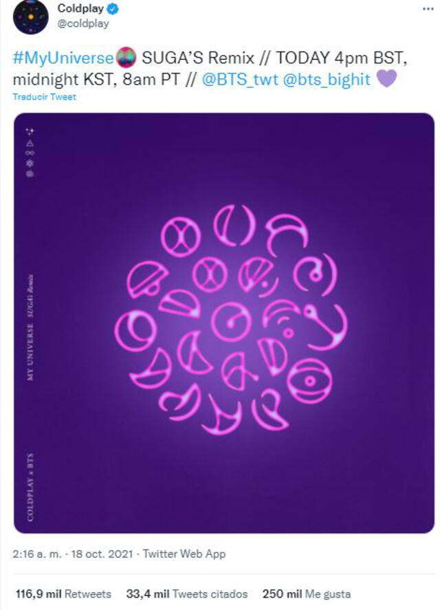 Suga dará su propio toque al tema "My universe" de BTS y Coldplay. Foto: Twitter