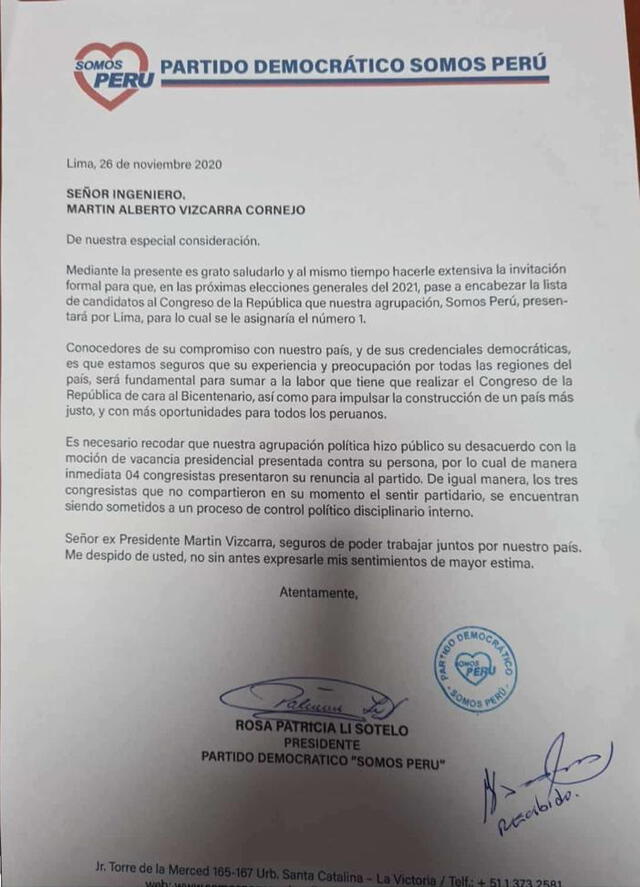 Documento de invitación a Somos Perú de Patricia Li hacia Martín Vizcarra