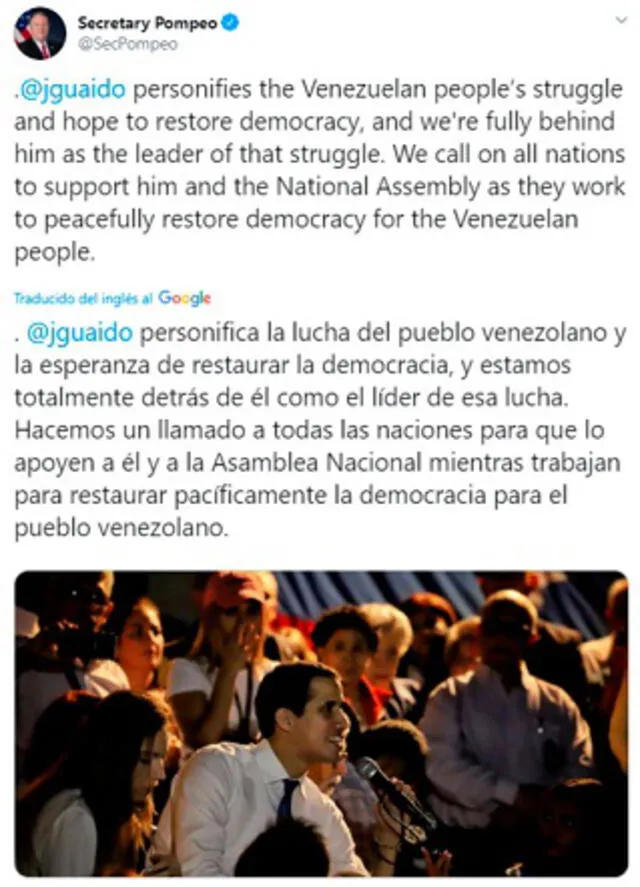 El jefe de la diplomacia estadounidense aclaró que mantienen su respaldo hacia Juan Guaidó. Foto: captura