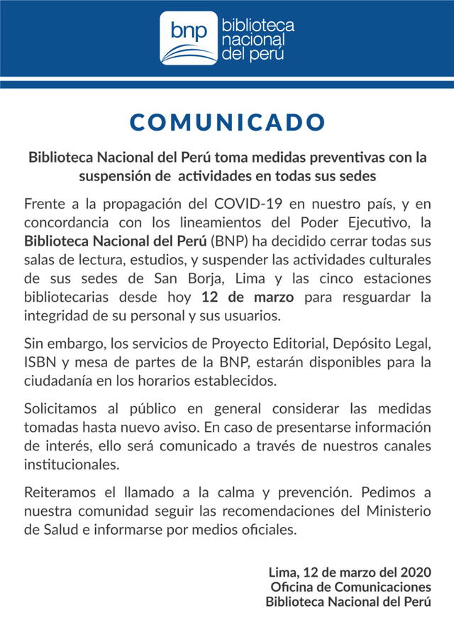 Comunicado de la Biblioteca Nacional del Perú