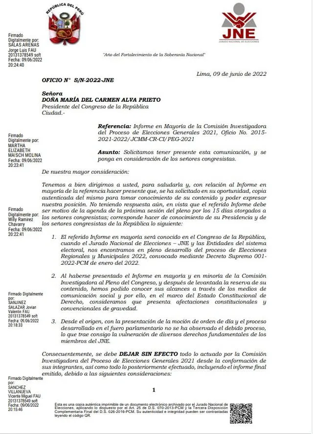 Comisión Montoya habría vulnerado los derechos fundamentales de los miembros del JNE, advierte Jorge Luis Salas Arenas. Foto: carta del JNE a María del Carmen Alva