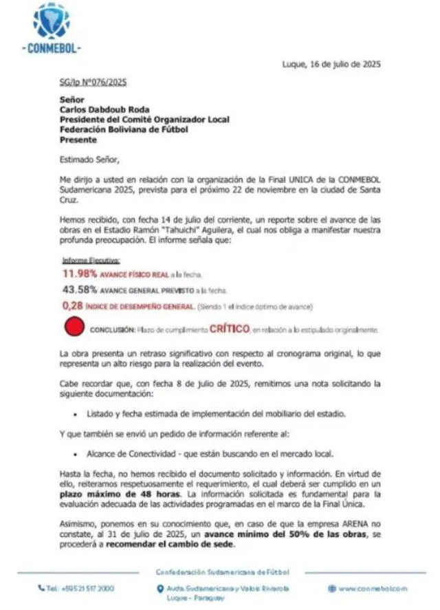 Comunicado de Conmebol a la organización de Bolivia. Foto. Conmebol. Comunicado de Conmebol a la organización de Bolivia. Foto. Conmebol.