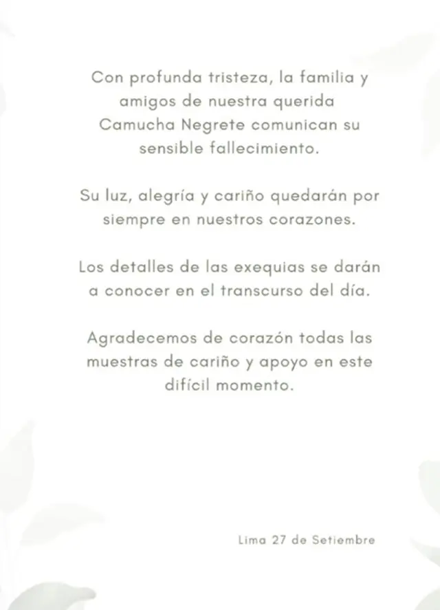 Familiares informaron que Camucha Negrete falleció esta mañana.   