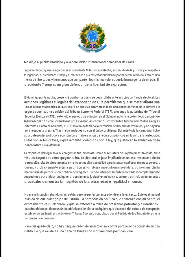 Carta de Flávio Bolsonaro Carta de Flávio Bolsonaro
