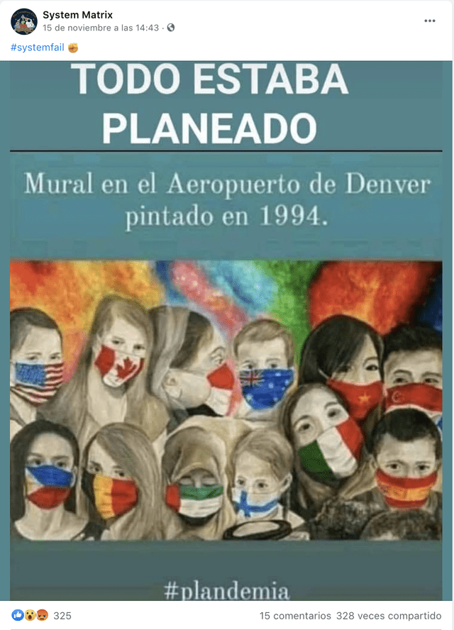 Publicación de Facebook asegura que la actual pandemia estuvo planificada de antemano. Foto: captura de Facebook.