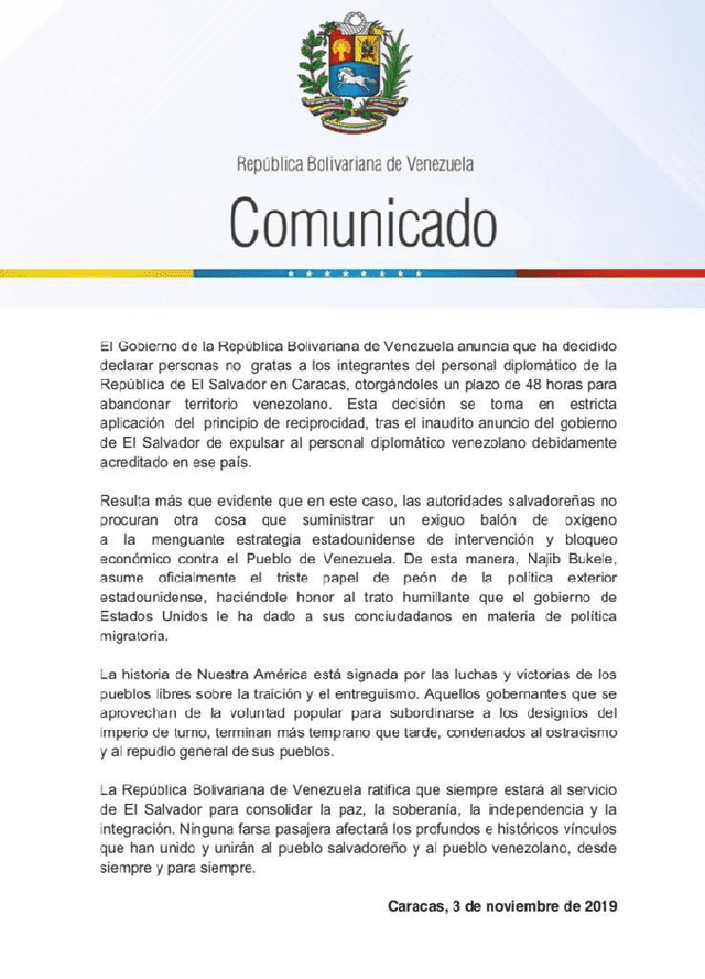 El comunicado de la Cancillería de Venezuela.