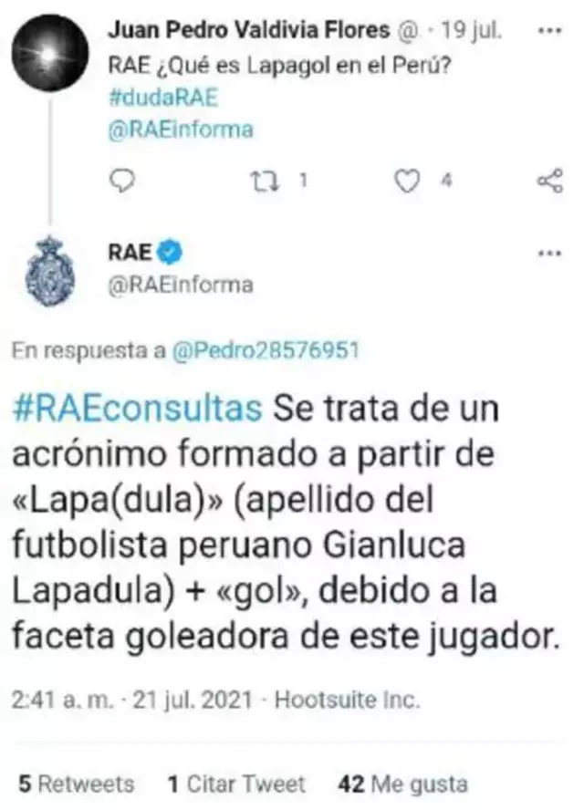 La RAE respondió en julio de 2021 la pregunta de un usuario sobre el término "Lapagol". Foto: captura/Twitter