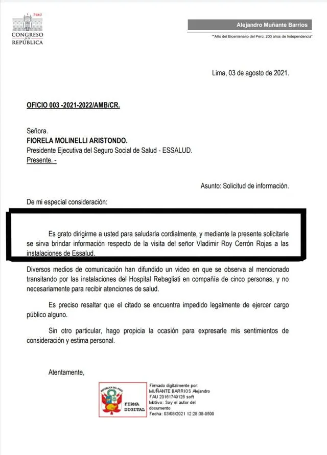 Solicitud del ministro Muñante a Fiorella Molinelli. Foto: Captura Twitter.