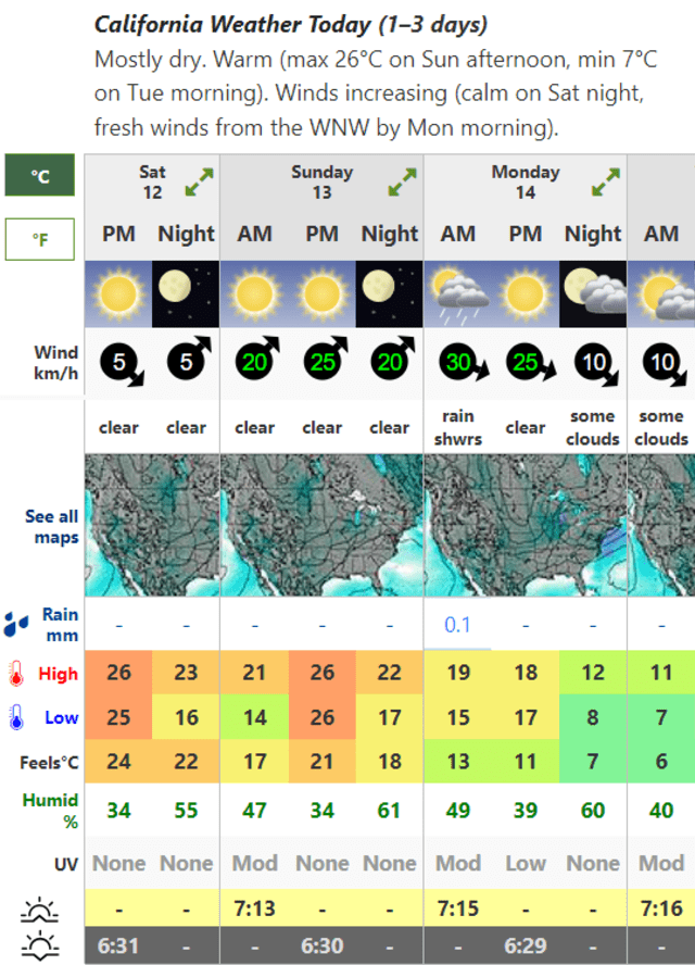  Clima en California HOY, domingo 13 de octubre de 2024. Foto: Weather Forecast    