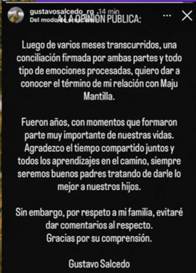  Gustavo Salcedo anuncia el fin de su matrimonio con Maju Mantilla. Foto: captura Instagram   