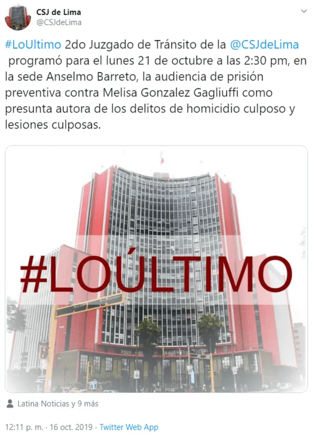 Tweet de la Corte Superior de Justicia de Lima.