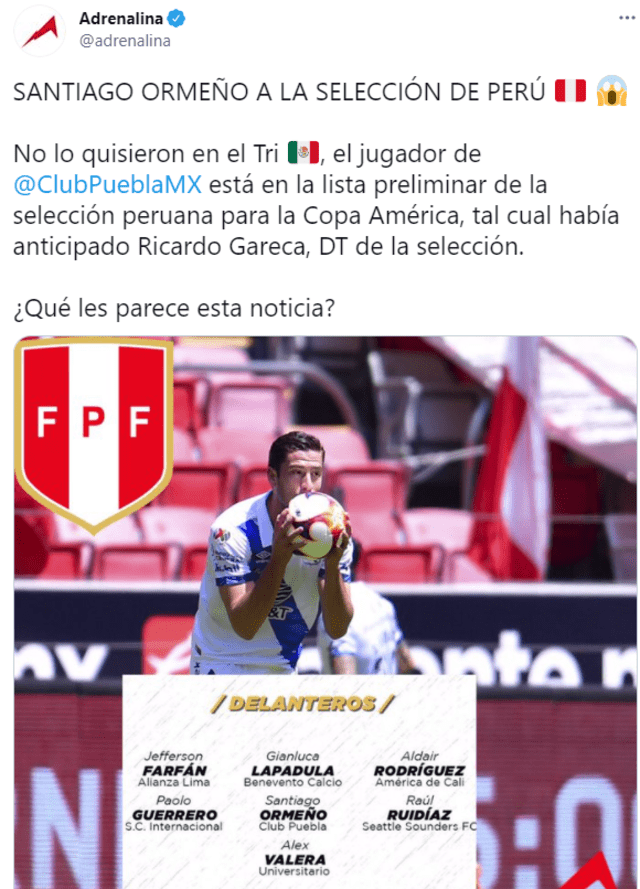 Adrenalina informó sobre la convocatoria de Santiago Ormeño a la selección peruana.