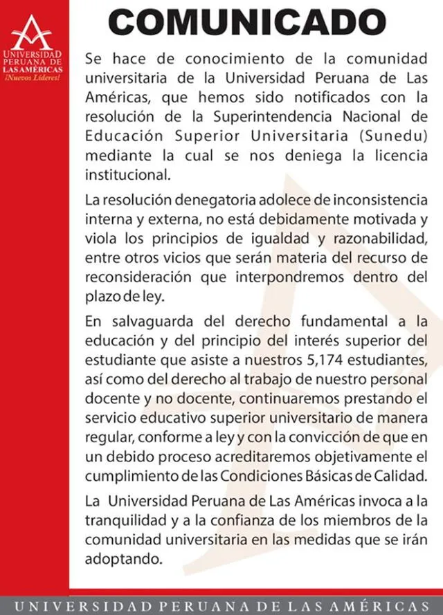 Comunicado de la Universidad Peruana de Las Américas.