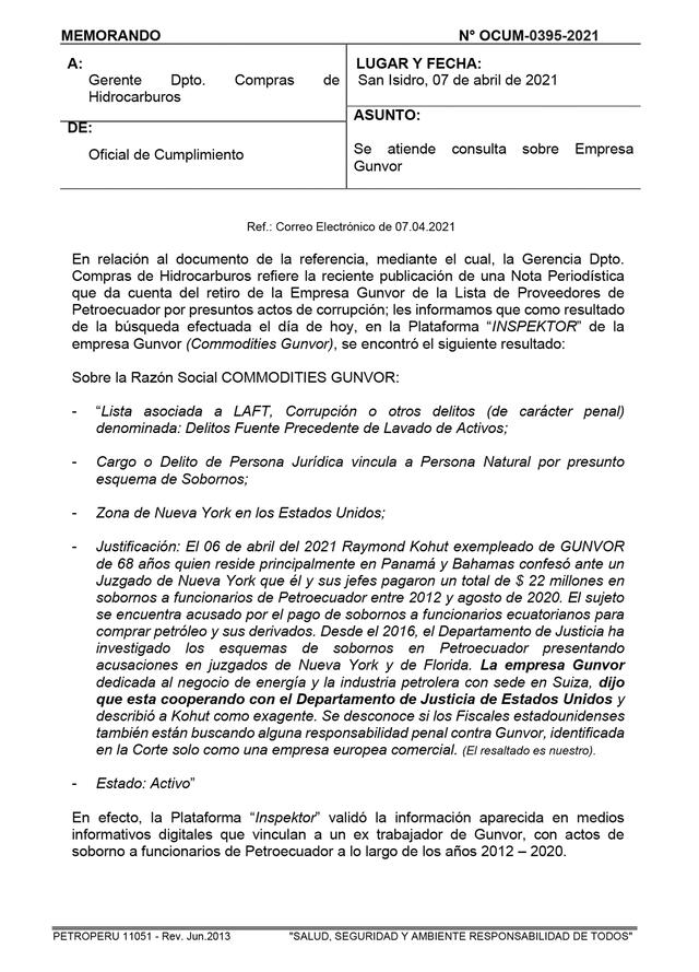 Documento de Petroperú sobre el caso Gunvor. Foto: difusión