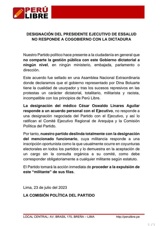  Anuncio se dio por Twitter. Foto: Bancada Perú Libre<br><br>    
