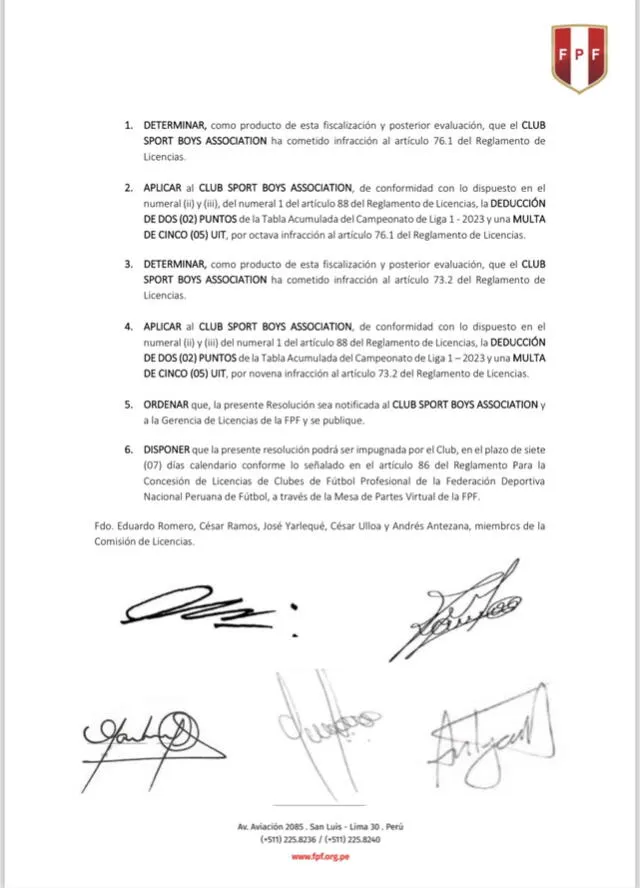  Documento de Comisión de Licencias. Foto: FPF    