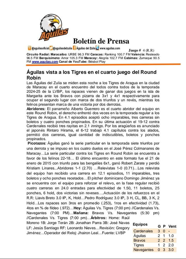 Boletín de prensa de las Águilas. Foto: Águilas 