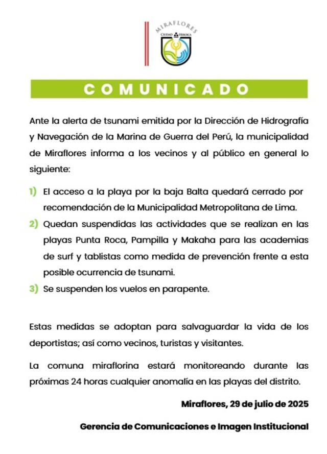 Comunicado tras alerta de tsunami en Perú. Foto: Municipalidad de Miraflores Comunicado tras alerta de tsunami en Perú. Foto: Municipalidad de Miraflores