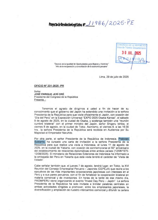 Documento presentado ante el Congreso para permiso de viaje a Japón e Indonesia. Foto: difusión Documento presentado ante el Congreso para permiso de viaje a Japón e Indonesia. Foto: difusión