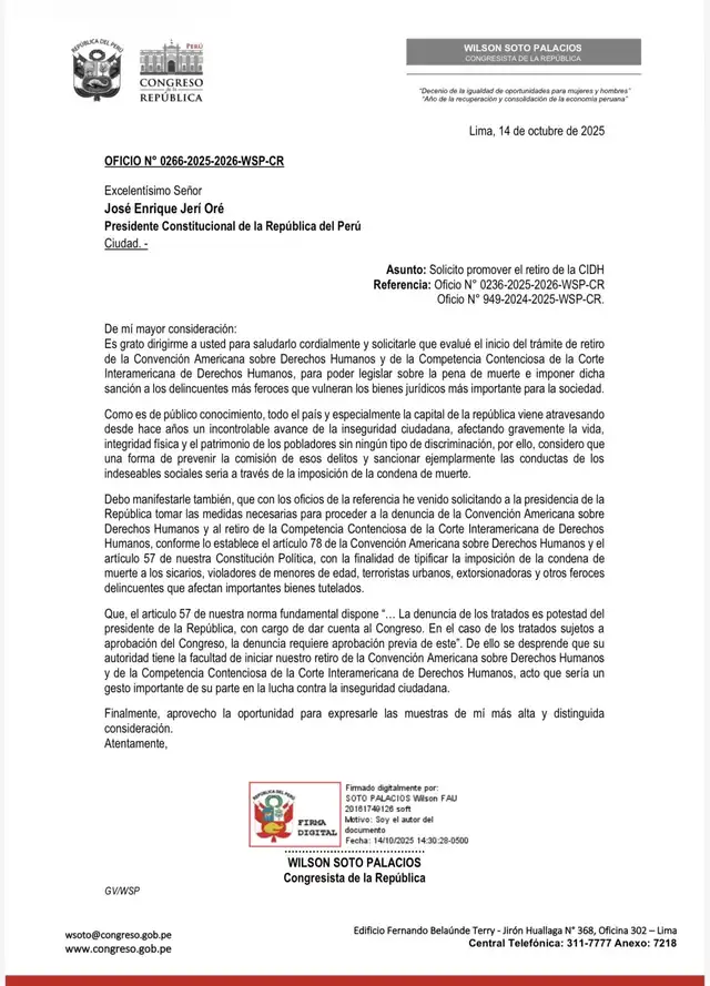  Oficio enviado por Wilson Soto a José Jerí | Foto: Difusión.    