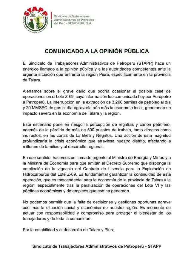 Sindicato de Trabajadores Administrativos de PetroPerú (STAPP)