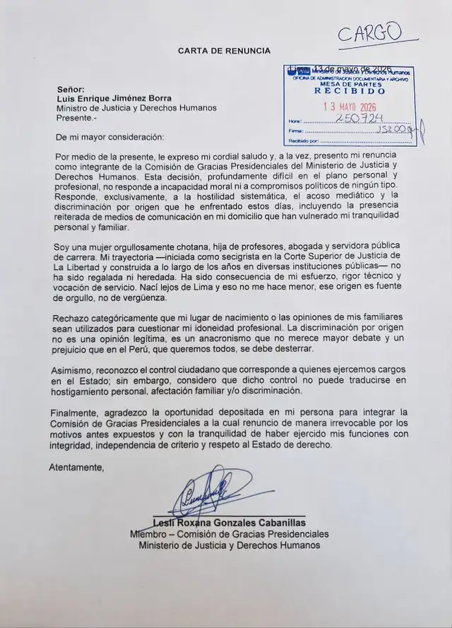 Carta de renuncia de Leslie Gonzáles Cabanillas