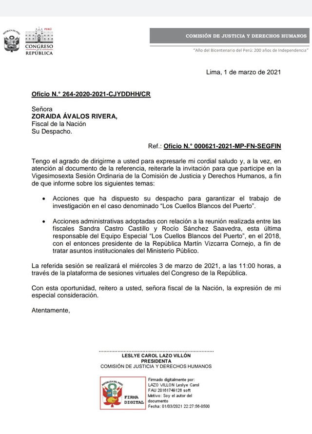 Reiteran invitación a Zoraida Ávalos por caso Cuellos Blancos. Foto: captura/Twitter @leslye_lazo