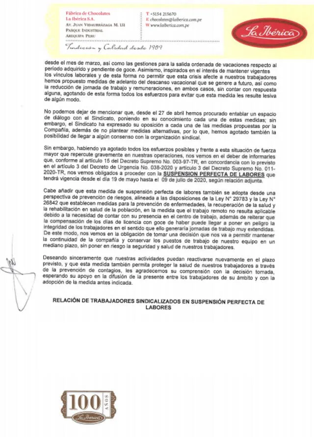 Oficio de Ibérica dirigido a sindicato de trabajadores.