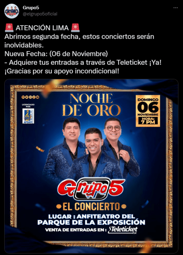 Grupo 5 anuncia segunda fecha para su concierto en Perú