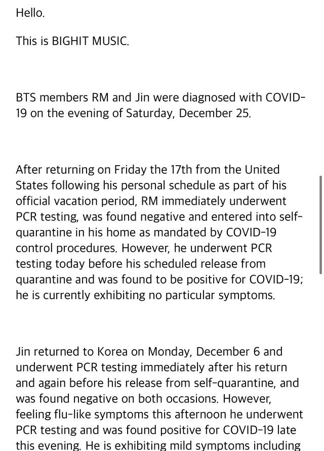Parte del comunicado de BIGHIT sobre la salud de Jin y RM. Foto: captura