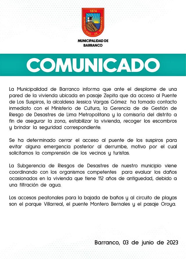 Comunicado de la Municipalidad de Barranco   