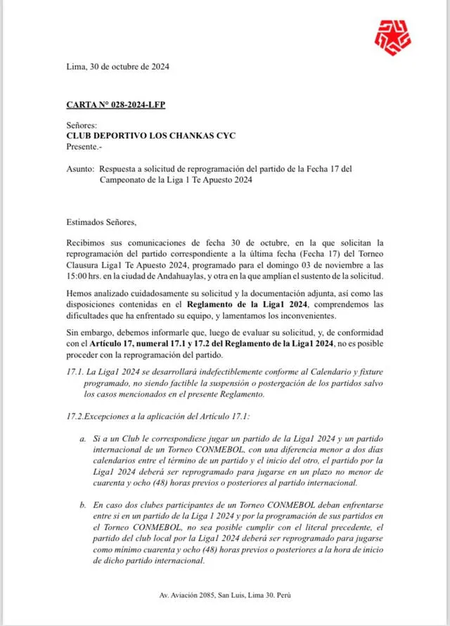  Respuesta oficial de la FPF a Los Chankas. Foto: captura de documento   