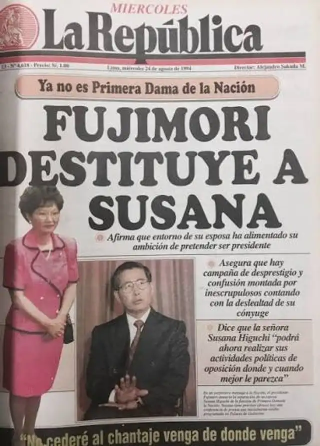 Historia. Luego que Higuchi rechazó el chantaje, Fujimori la expulsó de Palacio.  