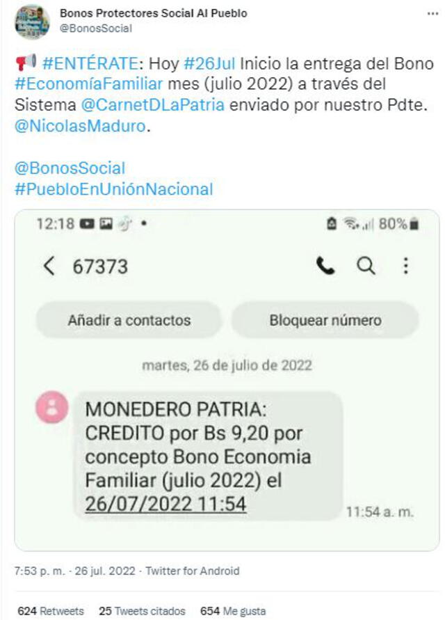 Bono Economía Familiar entregado por el Gobierno de Nicolás Maduro. Foto: captura web