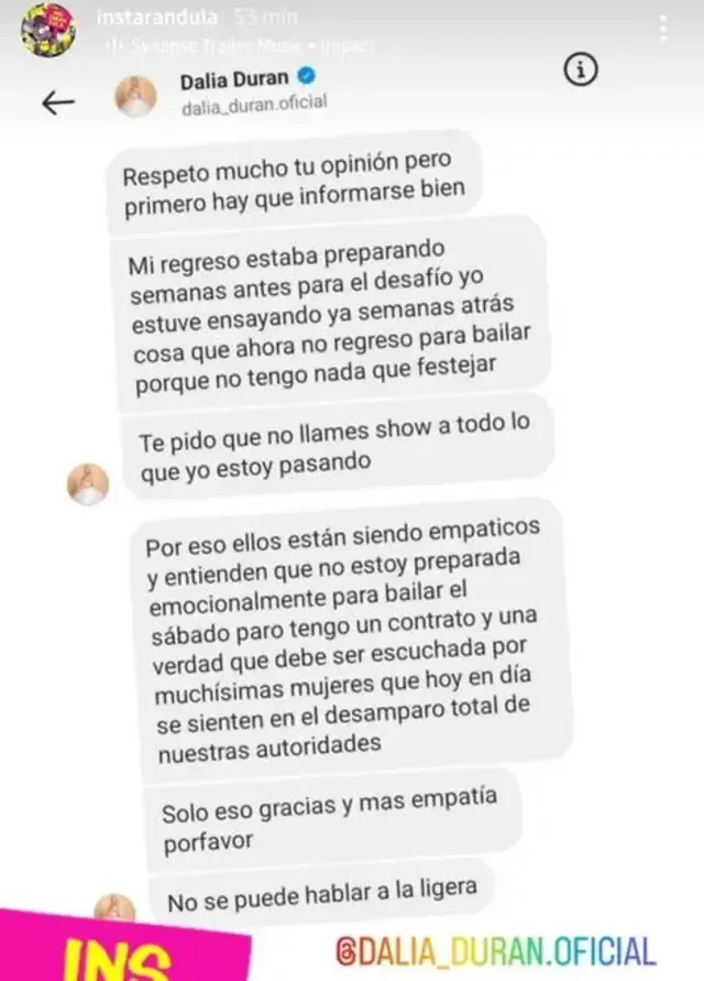 Dalia Durán le responde a Samuel Suárez en Instagram. Foto: Instagram