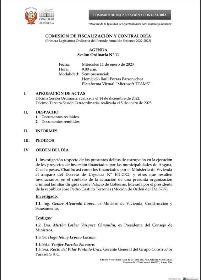 Agenda de la comisión para hoy, miércoles  11 de enero. Foto: @C_Fiscalizacion/Twitter