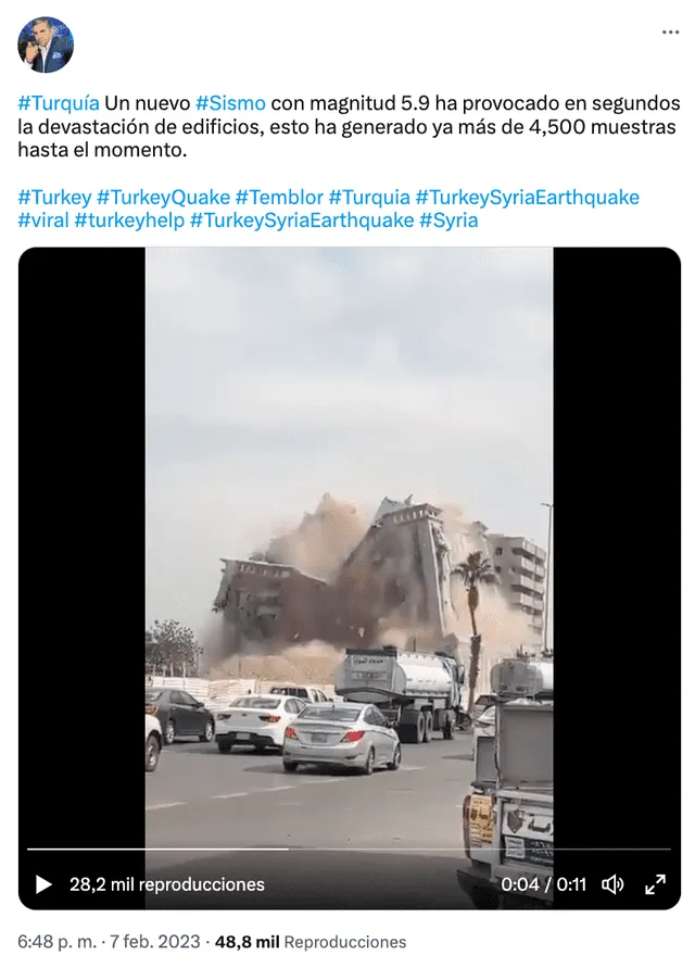 Video viral sobre consecuencia de la supuesta réplica del terremoto en Turquía. Foto: captura LR/Twitter.   