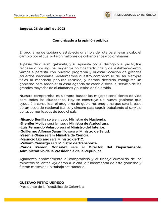  Comunicado oficial de Gustavo Petro. Foto: captura/@petrogustavo/Twitter   