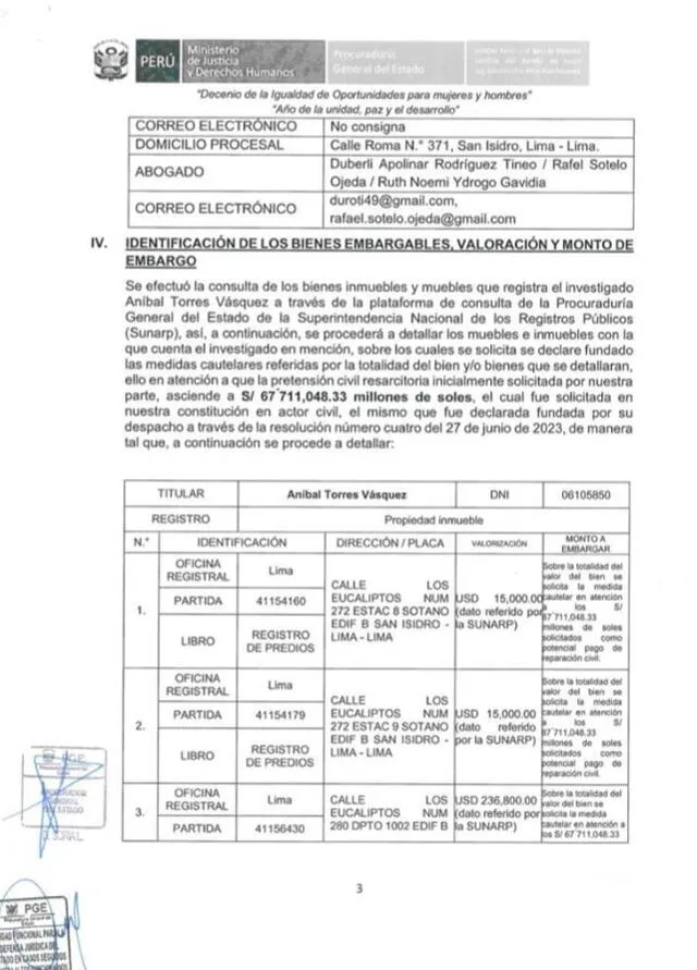 Documento de la Procuraduría General del Estado sobre embargo de los bienes de Aníbal Torres   