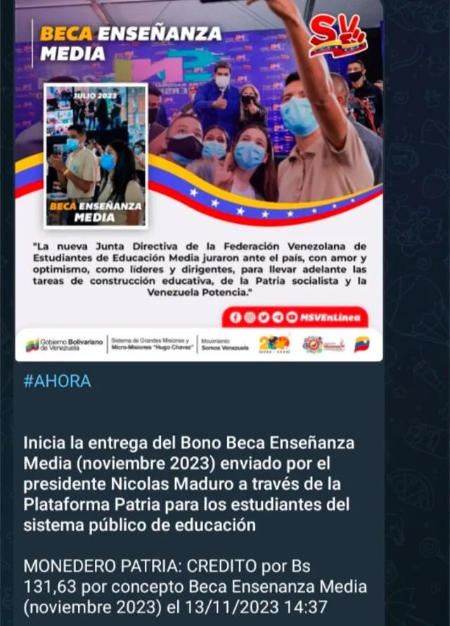 Anuncio del nuevo Bono Enseñanza Media de noviembre 2023. Foto: Canal Patria Digital   