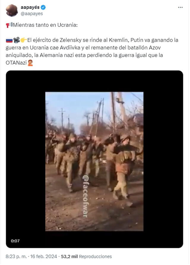  Supuesta reciente rendición de militares ucranianos fue propagada en redes sociales. Fuente: captura de Twitter   