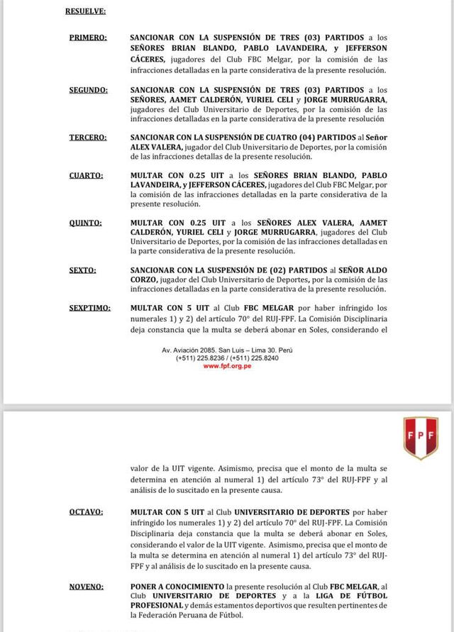 Resolución de la Comisión Disciplinaria de la FPF sobre los sancionados. Foto: FPF   