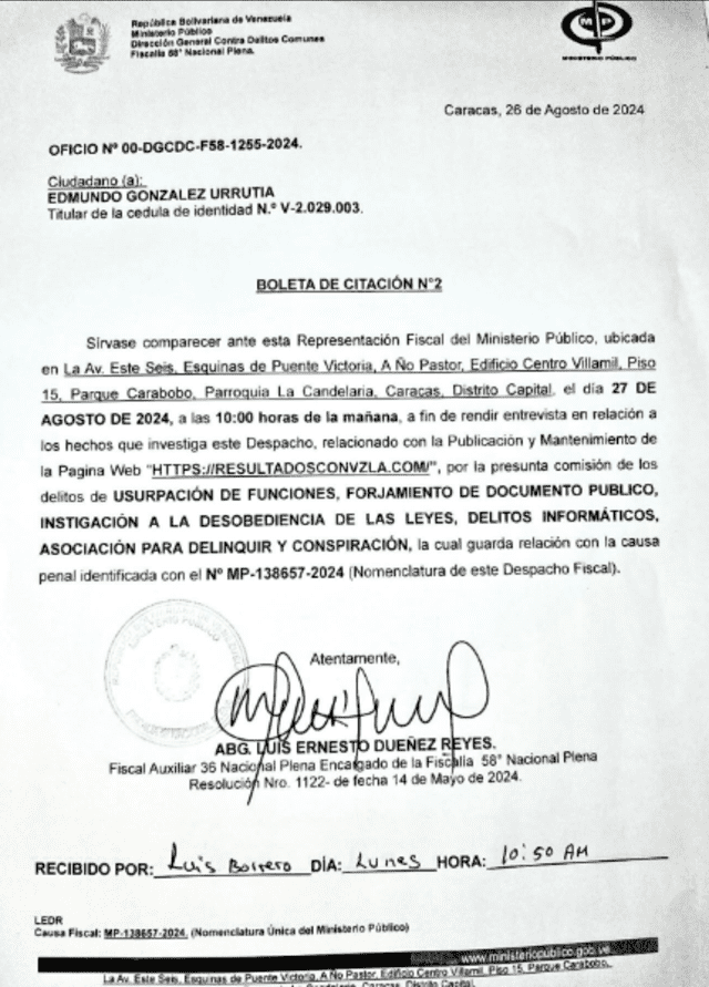 Fiscalía de Tarek William Saab cita, por segunda vez, a Edmundo González Urrutia. Foto: Ministerio Público Venezuela/ Instagram