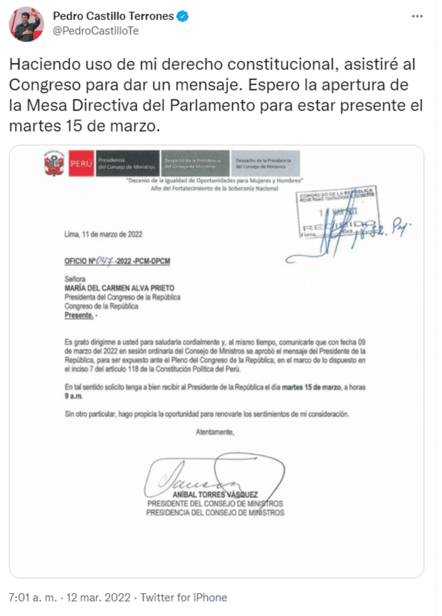 Tuit de Pedro Castillo. Foto: captura de Twitter