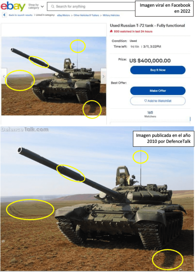 Comparación en la imagen añadida al supuesto anuncio de eBay (arriba) y la foto original publicada en el 2010. Fuente: Captura LR, Facebook, DefenceTalk.