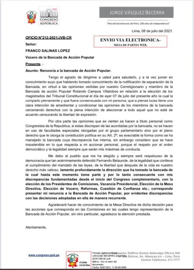 Documento que oficializó la salida de Jorge Vásquez de la bancada de la lampa. Foto: difusión