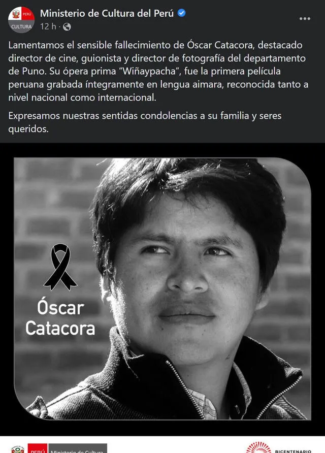 Mensaje sobre el fallecimiento de Óscar Catacora, director de Wiñaypacha. Foto: Facebook