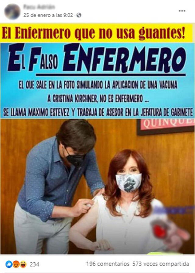 Viral dice que la vacunación a Cristina Fernández fue “simulado” por un “falso enfermero” . Foto: captura en Facebook.